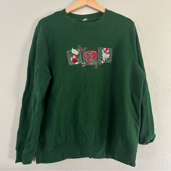 Green Holiday Sweatshirt with Festive Patches Ugly Christmas Sweater Casual - Picture 1 of 5